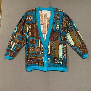 HMJ Cardigan Women Small Blue Brown Geometric Tribal Vintage 80s 90s Retro USA